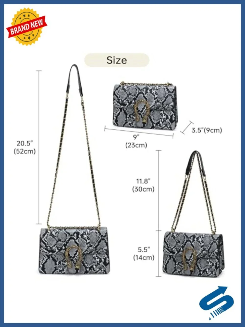 Snakeskin Print Crossbody Purse PU Leather Shoulder Bag Chain Strap Women